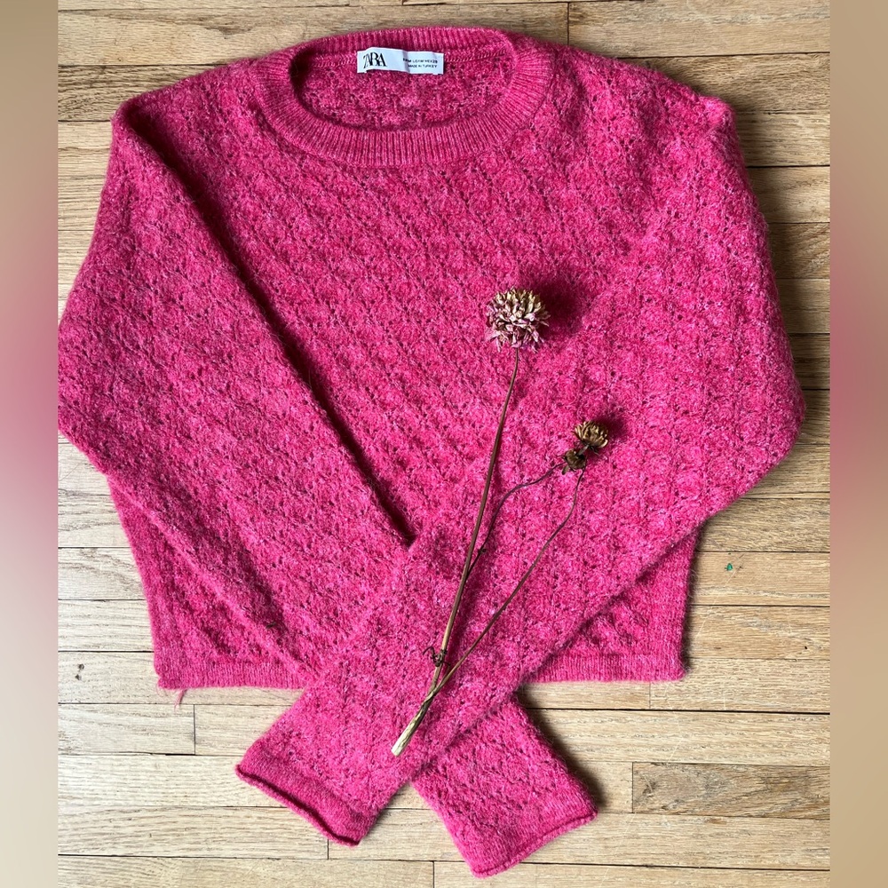 Zara Hot Pink Textured Crewneck Sweater